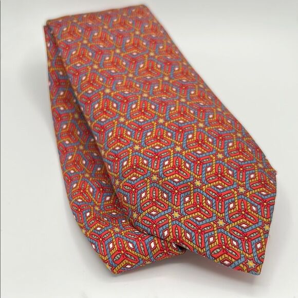 Hermes 100% Silk Geometric Stars Red and Blue Men's Tie 7662 TA - Picture 1 of 5